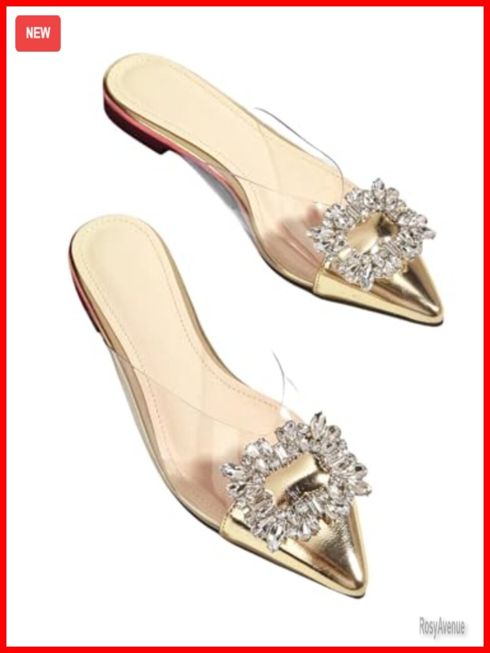 PU Leather Rhinestone Clear Pointed Toe Backless Mules Flat Slip On